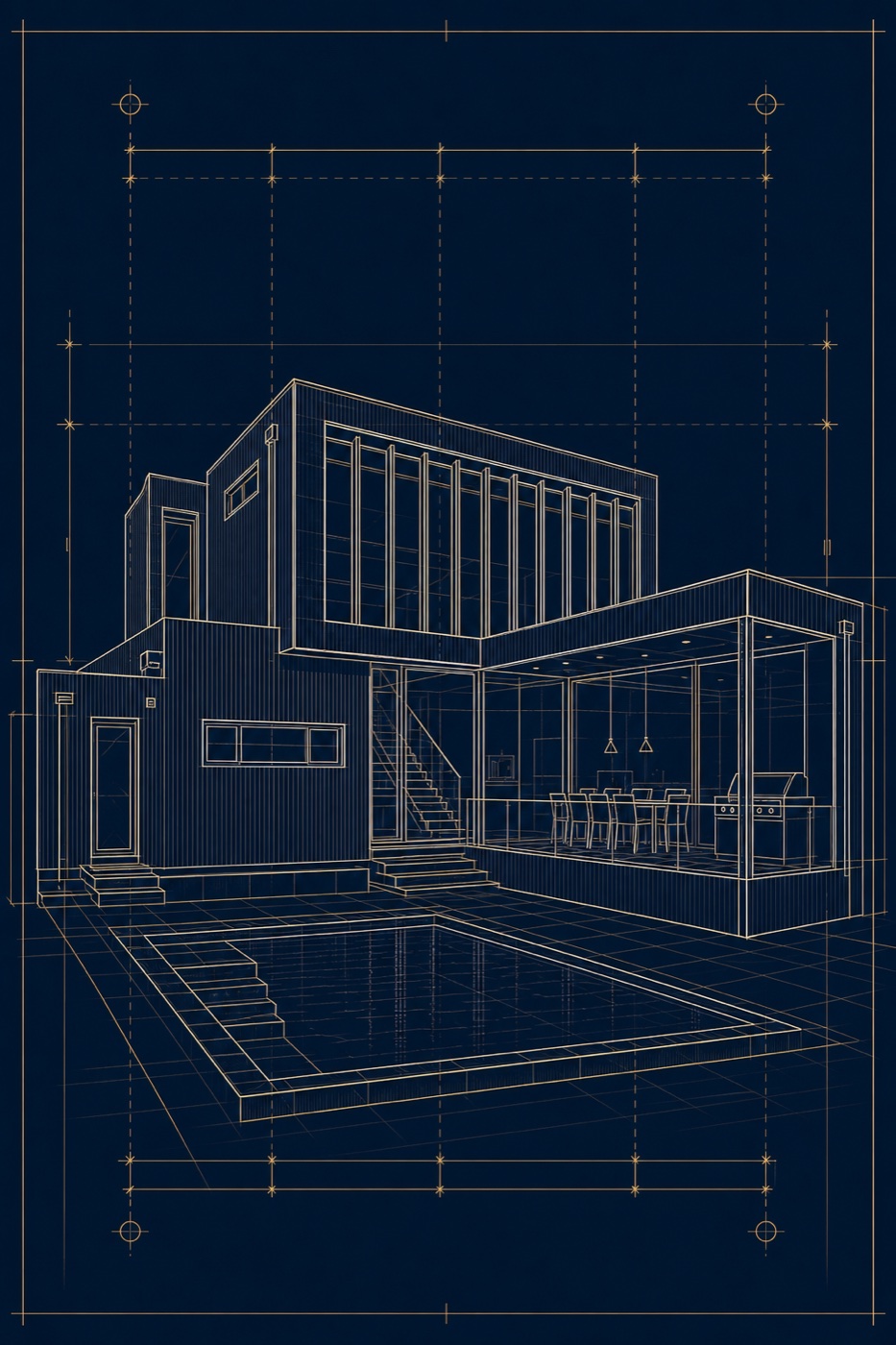 Architectural line drawing of a managed villa elevation