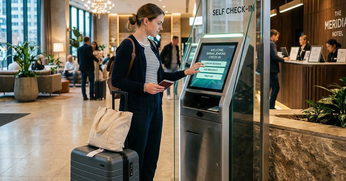 Guest completing self check-in at a hotel lobby kiosk
