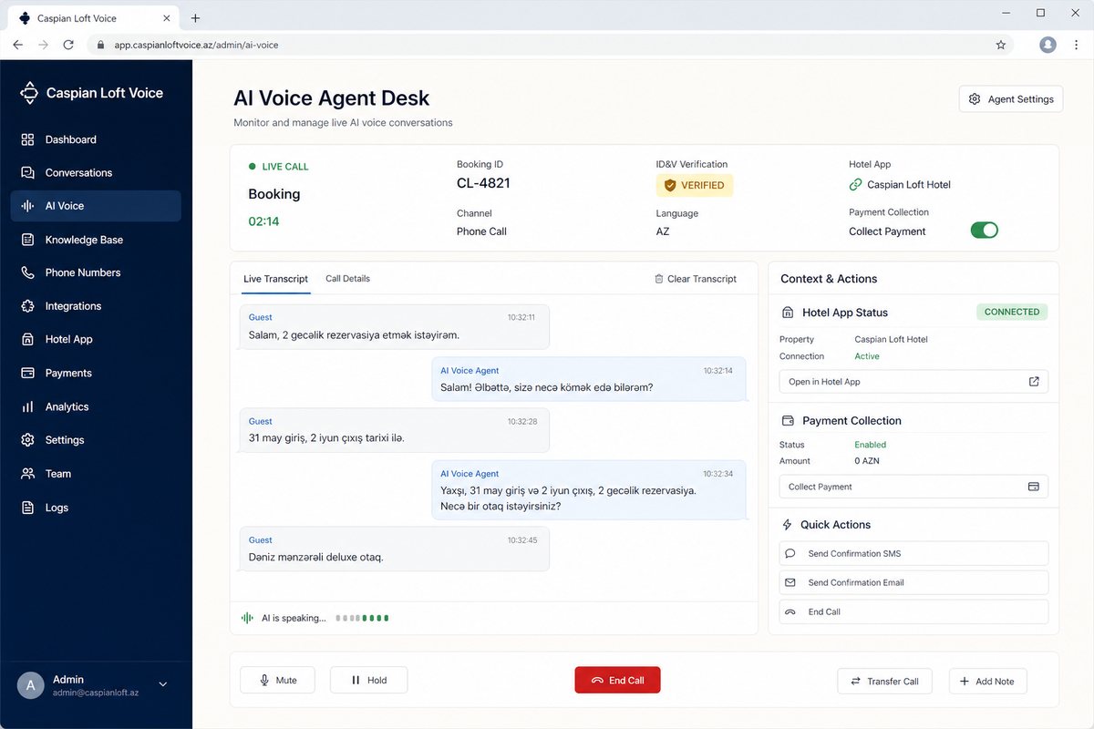 AI voice agent console verifying stay CL-4821 with Hotel App link