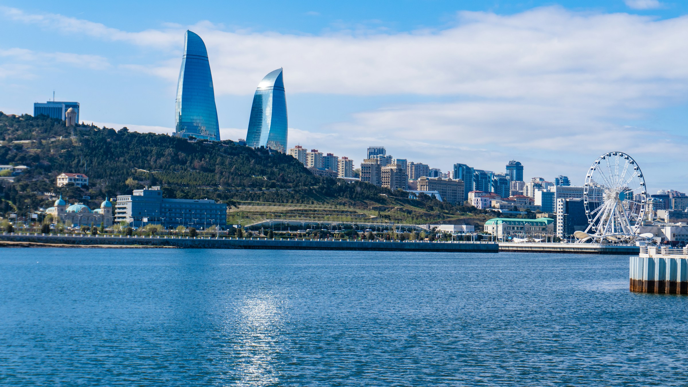 Baku skyline with Flame Towers across the Caspian bay