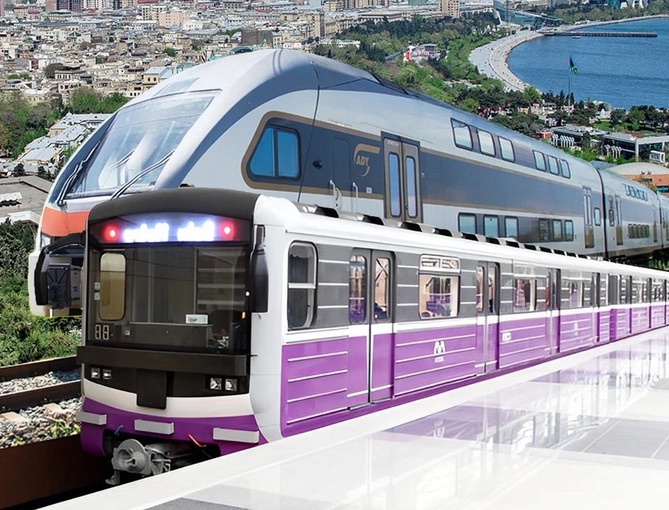 Baku Metro and ADY train with the city bay behind